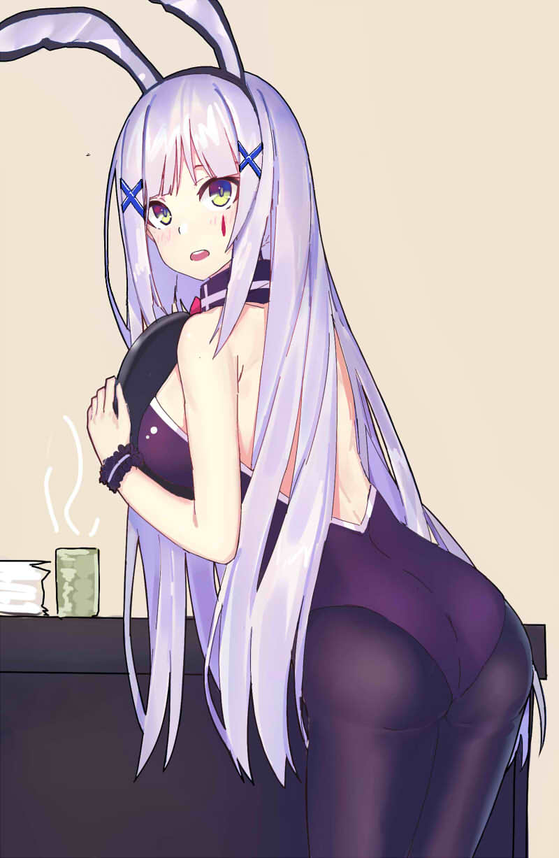 animal_ears ass bare_back bare_shoulders blush bracelet bunny_ears bunny_girl bunnysuit cup echj facial_tattoo from_behind girls_frontline green_eyes hair_ornament hairclip highres hk416_(girls_frontline) holding holding_tray jewelry jpeg_artifacts leotard long_hair open_mouth pantyhose purple_leotard simple_background sketch solo steam tan_background tattoo tea teacup tray very_long_hair white_hair x_hair_ornament