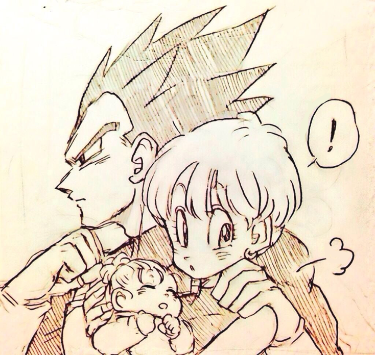 1boy 2girls :o =3 baby baby_carry black_eyes black_hair bra_(dragon_ball) bulma clenched_hands dragon_ball dragon_ball_z earrings eyebrows_visible_through_hair family father_and_daughter frown gloves hand_on_another's_shoulder jewelry looking_at_another monochrome mother_and_daughter multiple_girls open_mouth ponytail short_hair simple_background sleeping speech_bubble spiked_hair tied_hair tkgsize vegeta