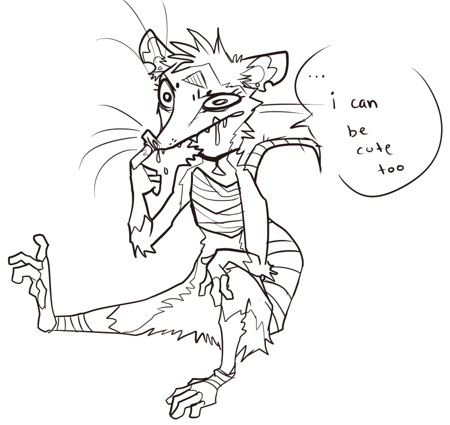 anthro bandage black_and_white bottomless clothed clothing collar dialogue drooling ear_piercing english_text female mammal marsupial monochrome opossum picking_nose piercing saliva simple_background solo text undead virginia_opossum white_background zenirix
