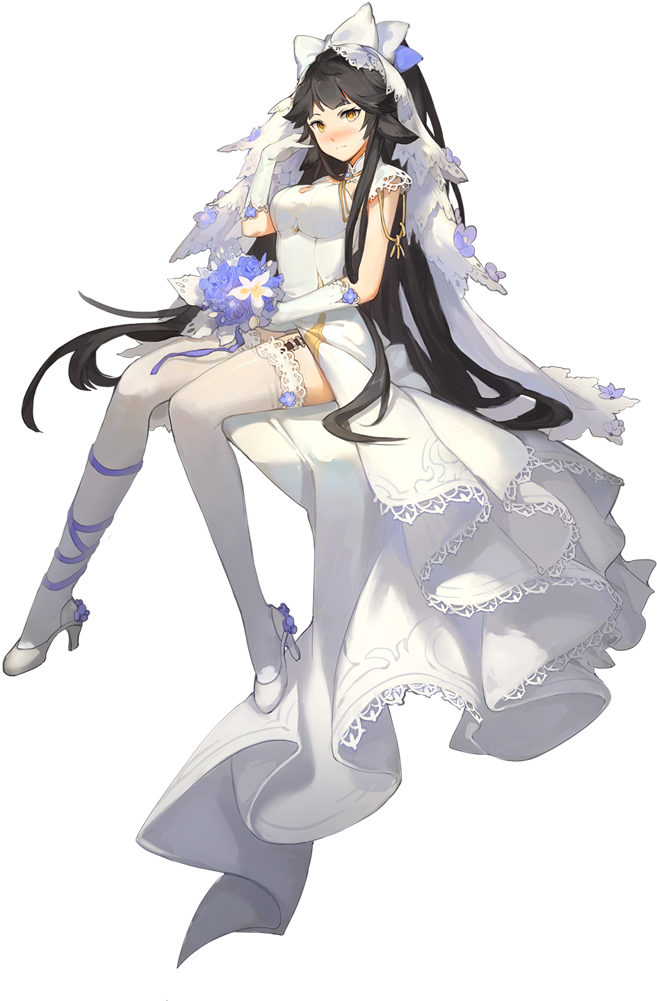 azur_lane black_hair blush bouquet bow closed_mouth detached_collar dress flower full_body garter_straps gloves hair_bow hair_flaps highres long_dress long_hair looking_at_viewer nose_blush panties ponytail shoes sitting solo takao_(azur_lane) thighhighs transparent_background underwear veil very_long_hair wedding_dress white_bow white_footwear white_gloves white_legwear white_panties xiaohan6th yellow_eyes