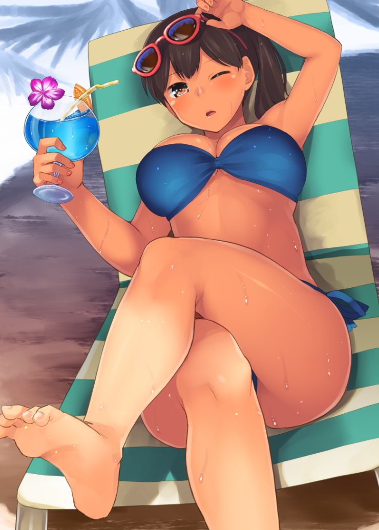 aaru_(tenrake_chaya) adjusting_eyewear beach beach_chair bikini blue_bikini blue_hawaii blush breasts brown_hair commentary_request crossed_legs cup day drinking_glass eyebrows_visible_through_hair eyewear_on_head feet kaga_(kantai_collection) kantai_collection large_breasts looking_at_viewer one_eye_closed open_mouth side-tie_bikini side_ponytail soles solo sunglasses swimsuit tan tropical_drink underbust wet