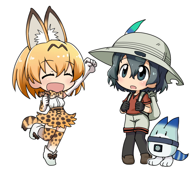 :d :o animal_ears arm_up backpack bag black_eyes black_gloves black_hair blonde_hair bow bowtie chibi clenched_hands closed_eyes commentary_request elbow_gloves eyebrows_visible_through_hair full_body gloves hair_between_eyes hand_up happy hat hat_feather helmet high-waist_skirt ikkyuu kaban_(kemono_friends) kemono_friends knees_together_feet_apart looking_at_another looking_up lucky_beast_(kemono_friends) multiple_girls open_mouth outstretched_arm pantyhose pantyhose_under_shorts pith_helmet red_shirt serval_(kemono_friends) serval_ears serval_print serval_tail shirt short_hair short_sleeves shorts simple_background skirt sleeveless sleeveless_shirt smile standing standing_on_one_leg striped_tail tail thighhighs wavy_hair white_background zettai_ryouiki