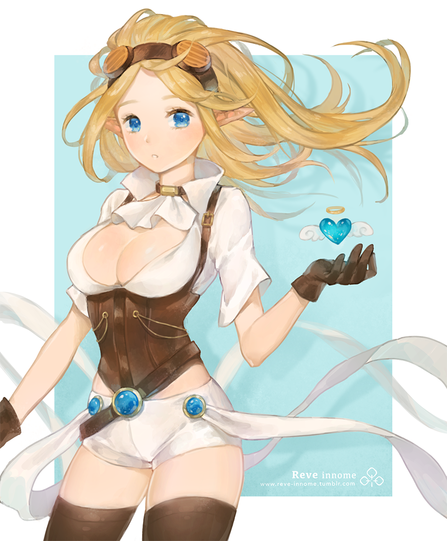 alternate_costume anshu_(o9jucea) arm_at_side ascot bangs belt blonde_hair blue_eyes breasts brown_choker brown_gloves brown_legwear choker cleavage commentary_request corset cowboy_shot eyelashes gem gloves goggles goggles_on_head hand_up heart hextech_janna janna_windforce league_of_legends long_hair looking_at_viewer medium_breasts no_bra open_clothes open_shirt parted_bangs parted_lips pointy_ears shirt short_shorts short_sleeves shorts solo standing teeth thighhighs tumblr_username white_neckwear white_shirt white_shorts