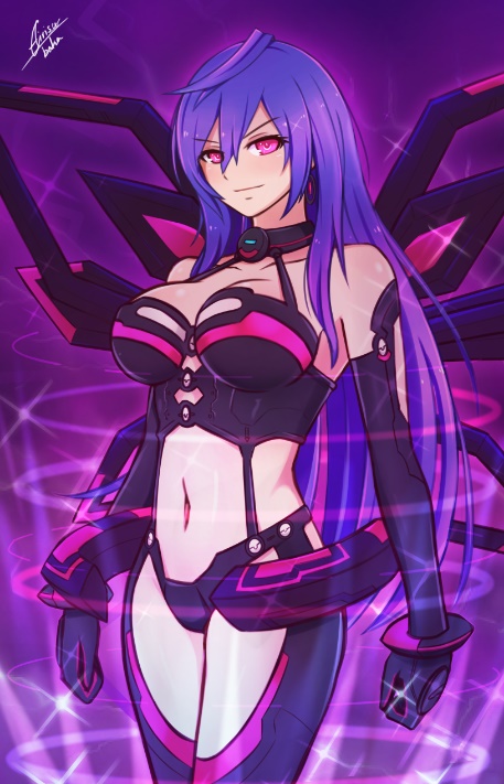 airisubaka blue_hair blush bodysuit breasts cleavage commentary_request cowboy_shot dominatrix elbow_gloves gloves iris_heart jewelry kami_jigen_game_neptune_v large_breasts leotard long_hair looking_at_viewer midriff navel neptune_(series) power_symbol red_eyes smile solo stomach symbol-shaped_pupils very_long_hair wings