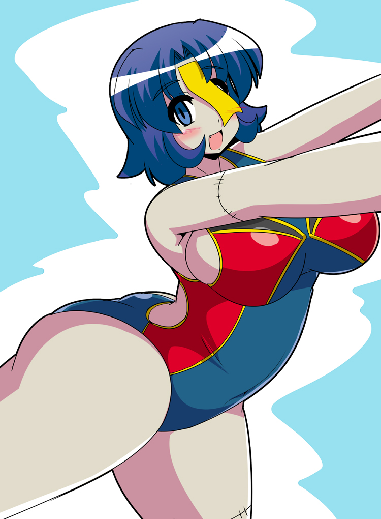 :d akasode_(tyaramu) ass blue_eyes blue_hair blush breasts commentary_request competition_swimsuit covered_navel empty_eyes fang large_breasts looking_at_viewer miyako_yoshika ofuda one-piece_swimsuit open_mouth outstretched_arms pale_skin plump short_hair sideboob smile solo stitches swimsuit thick_thighs thighs touhou zombie zombie_pose