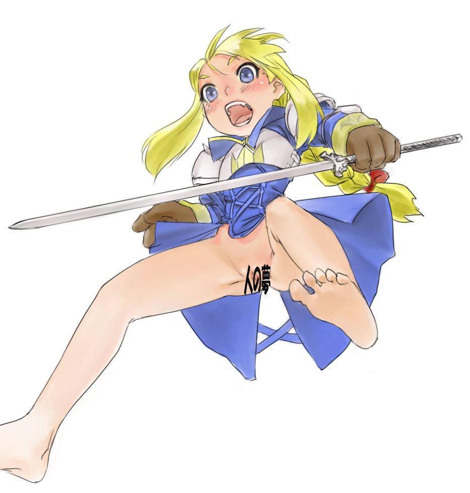 agrias_oaks armor bare_legs barefoot blonde_hair blue_eyes blush bottomless braid brown_gloves censored d: final_fantasy final_fantasy_tactics from_below full_body gloves hair_ribbon holding holding_sword holding_weapon long_hair long_sleeves muhamado open_mouth pussy red_ribbon ribbon sidelocks simple_background single_braid solo sword text_censor weapon white_background