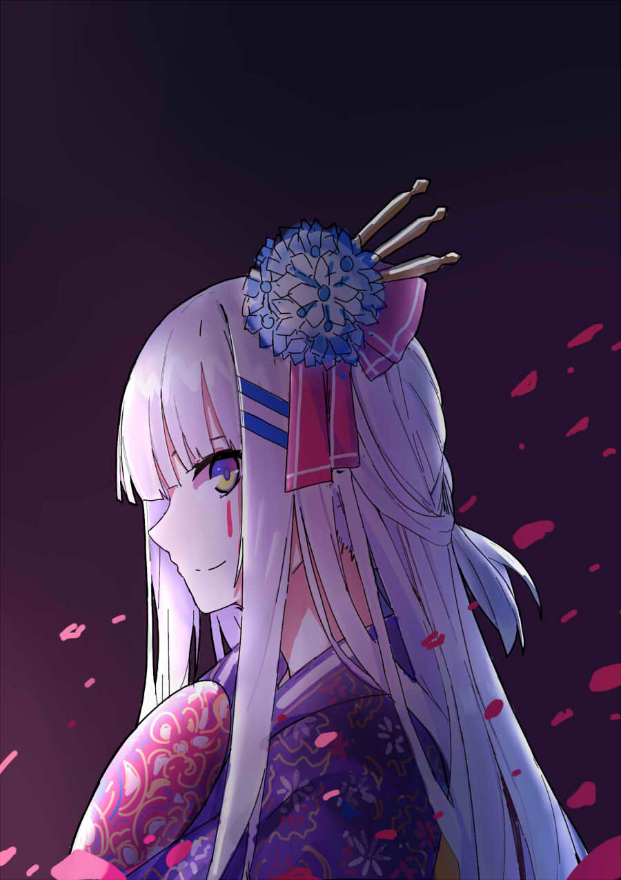 alternate_costume closed_mouth commentary_request echj facial_mark fan flower from_side girls_frontline green_eyes hair_flower hair_ornament hairclip highres hk416_(girls_frontline) japanese_clothes kimono long_hair looking_at_viewer looking_to_the_side paper_fan profile smile solo uchiwa upper_body white_hair