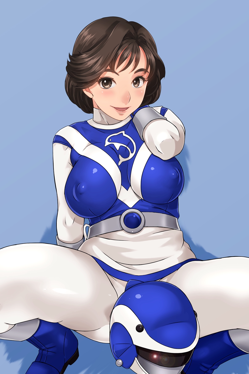 1girl arm_up belt black_eyes black_hair blue_background blue_boots blue_dolphin blush bodysuit boots breasts choujuu_sentai_liveman erect_nipples eyebrows feet full_body helmet highres large_breasts legs looking_at_viewer matching_hair/eyes misaki_megumi parted_lips puffy_nipples sakuradou shiny shiny_hair short_hair simple_background skirt smile solo spread_legs squatting super_sentai thighs white_skirt