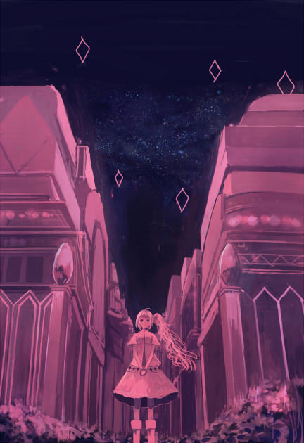 boots building commentary_request fantasy hands_together long_hair looking_at_viewer night night_sky original purple sakimori_(hououbds) scenery short_sleeves side_ponytail skirt sky solo standing star_(sky) starry_sky