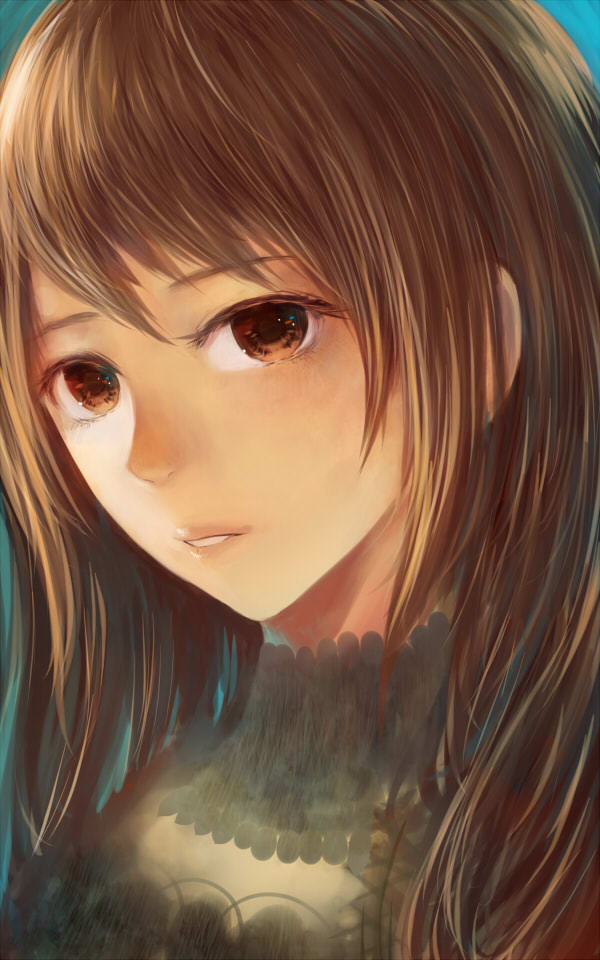 bangs brown_eyes brown_hair close-up commentary_request eyebrows_visible_through_hair eyes face head_tilt lips long_hair looking_at_viewer original parted_lips portrait sakimori_(hououbds) solo turtleneck