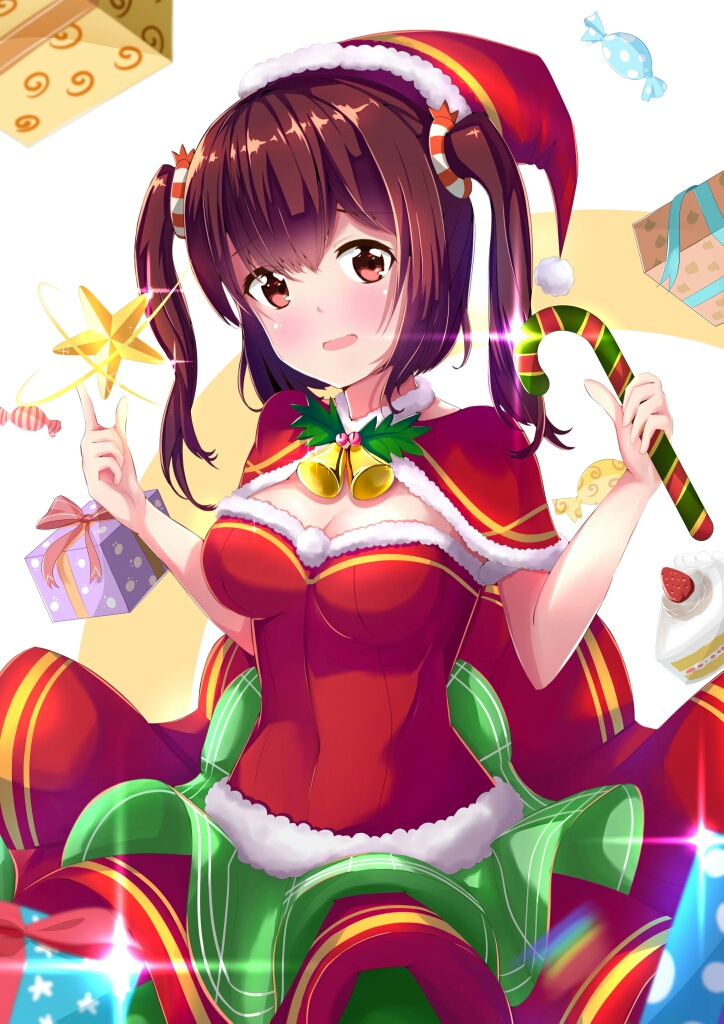 blush breasts brown_hair christmas cleavage ebina_nana eyebrows_visible_through_hair hat himouto!_umaru-chan holmemee large_breasts looking_at_viewer parted_lips red_eyes red_hat santa_costume santa_hat short_twintails solo twintails
