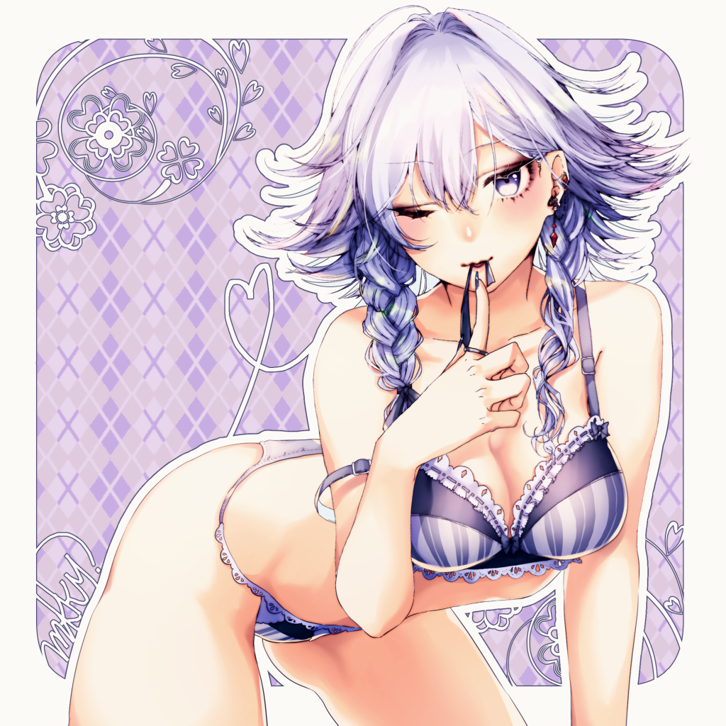 bare_arms bare_legs bare_shoulders bra braid breasts cleavage eyeliner hair_between_eyes izayoi_sakuya lace lace-trimmed_bra lace-trimmed_panties leaning_forward looking_at_viewer makeup medium_breasts mokokiyo_(asaddr) panties short_hair_with_long_locks silver_eyes silver_hair smile solo strap_slip touhou twin_braids underwear underwear_only
