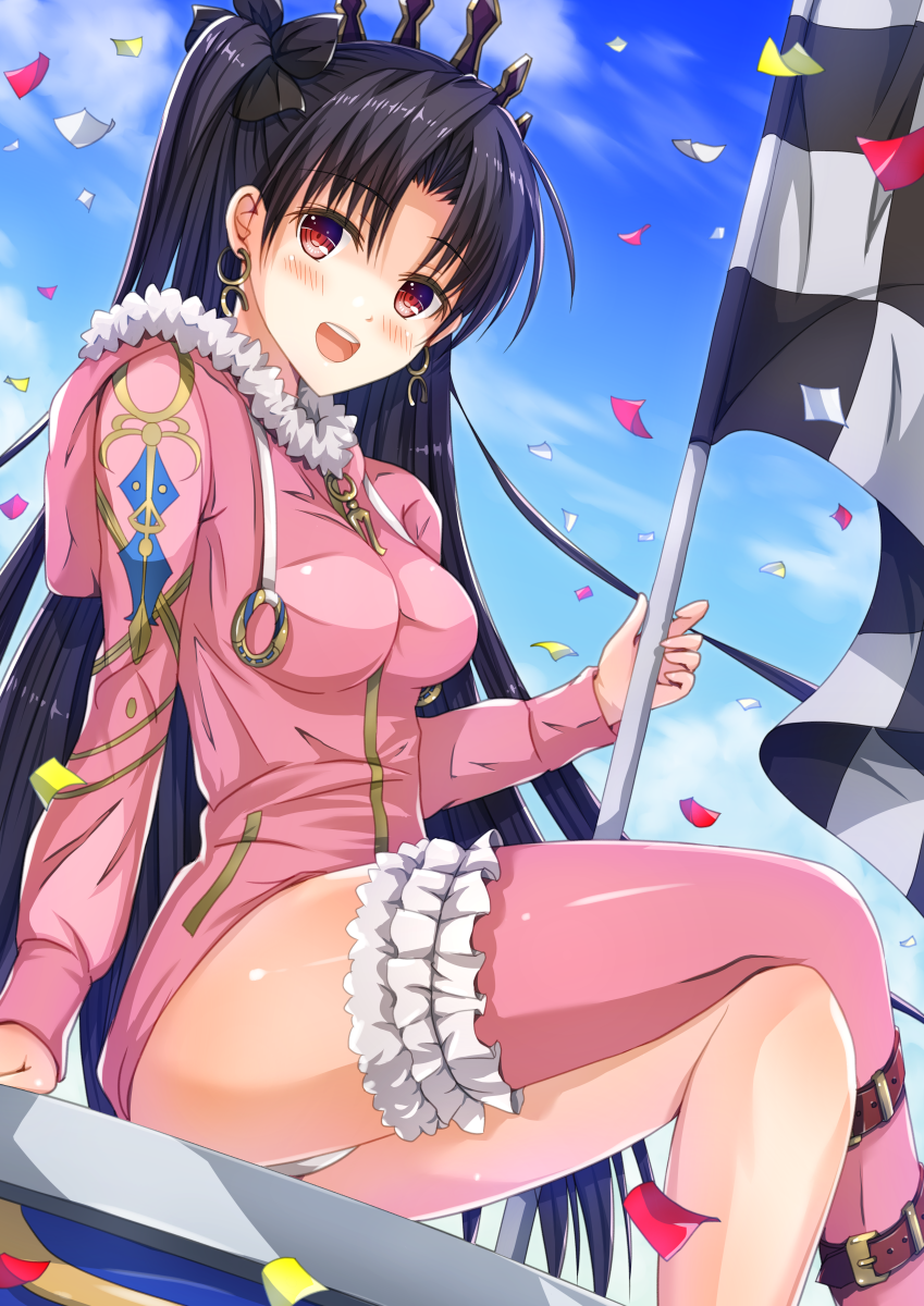 ass black_hair blush checkered checkered_flag crossed_legs earrings eyebrows_visible_through_hair fate/grand_order fate_(series) flag highres holding holding_flag hoshimaemi ishtar_(fate/grand_order) ishtar_(swimsuit_rider)_(fate) jewelry long_hair long_legs looking_at_viewer open_mouth panties pink_legwear red_eyes sitting smile solo thighhighs underwear white_panties
