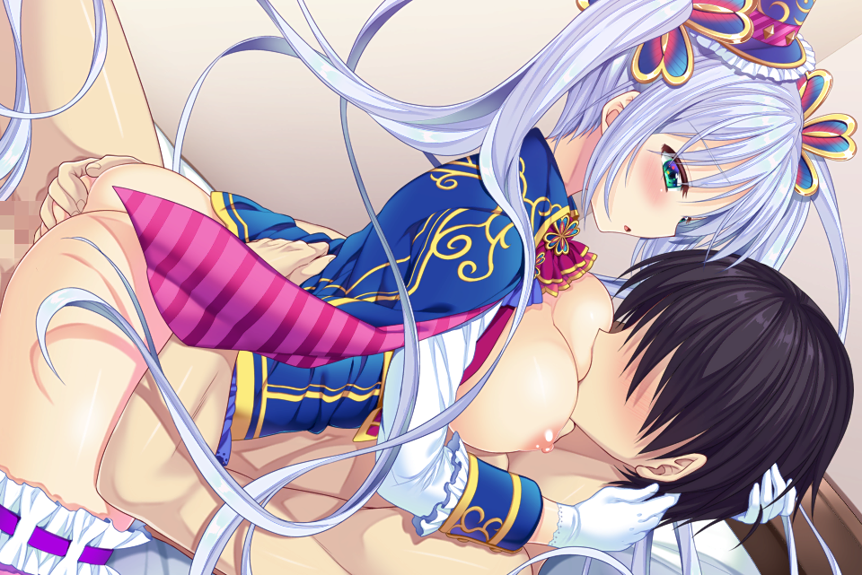 1girl araiguma ass black_hair blue_hat blush breast_sucking breasts censored faceless faceless_male flower_knight_girl from_side game_cg gloves green_eyes hat hetero large_breasts leschenaultia_(flower_knight_girl) long_hair mini_hat mini_top_hat mosaic_censoring nipples official_art sex silver_hair top_hat twintails vaginal white_gloves