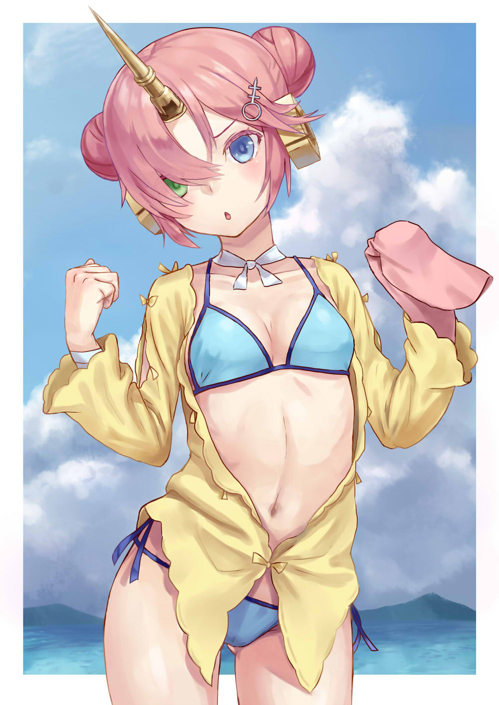:o ass_visible_through_thighs bandaged_arm bandages bikini blue_bikini blue_eyes blue_sky breasts chestnut_mouth cloud contrapposto cowboy_shot day doonatsu. double_bun fate/apocrypha fate/grand_order fate_(series) frankenstein's_monster_(fate) frankenstein's_monster_(swimsuit_saber)_(fate) green_eyes hair_ornament hairpin head_tilt heterochromia highres horn long_sleeves looking_at_viewer navel open_clothes open_shirt outside_border pink_hair shirt side-tie_bikini sky small_breasts solo standing swimsuit yellow_shirt