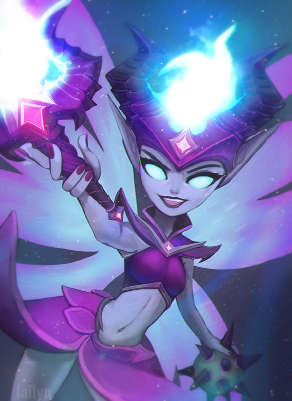 alternate_costume blue_eyes blue_skin bomb fairy fairy_wings fire gem glowing glowing_eyes horns lailyu lipstick makeup midriff nail_polish navel paladins pointy_ears solo staff teeth willo_(paladins) wings