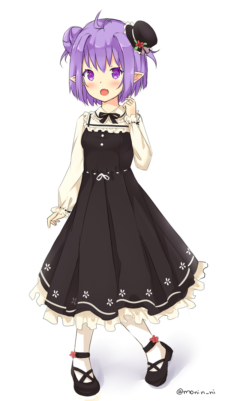 :o ankle_flower artist_name bad_id bad_pixiv_id black_bow black_dress black_footwear black_hat blush bow collar cross-laced_footwear double_bun dress fang flower frilled_collar frilled_dress frills full_body hair_between_eyes hat hat_flower highres lolita_fashion long_sleeves looking_at_viewer mini_hat mini_top_hat mony open_mouth original pantyhose pointy_ears puffy_long_sleeves puffy_sleeves purple_eyes purple_hair ribbon-trimmed_sleeves ribbon_trim shirt shoes short_hair simple_background sleeveless sleeveless_dress sleeves_past_wrists solo top_hat white_background white_legwear white_shirt wing_collar