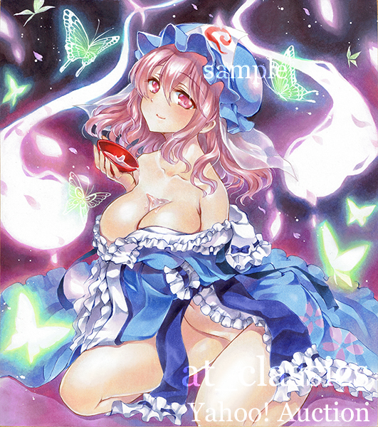 alcohol artist_name at_classics bare_shoulders blue_hat blush breasts bug bust_cup butterfly closed_mouth cup frilled_kimono frills groin hat hitodama holding insect japanese_clothes kimono large_breasts long_hair looking_at_viewer mob_cap navel no_panties off_shoulder pink_eyes pink_hair saigyouji_yuyuko sakazuki sake sample seiza sitting solo touhou traditional_media triangular_headpiece watermark