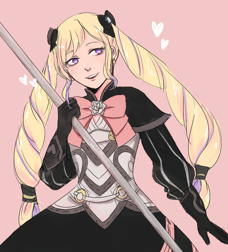 armor blonde_hair bow dress drill_hair elise_(fire_emblem_if) fire_emblem fire_emblem_if gloves hair_bow hair_ornament holding pink_background purple_eyes simple_background smile solo staff