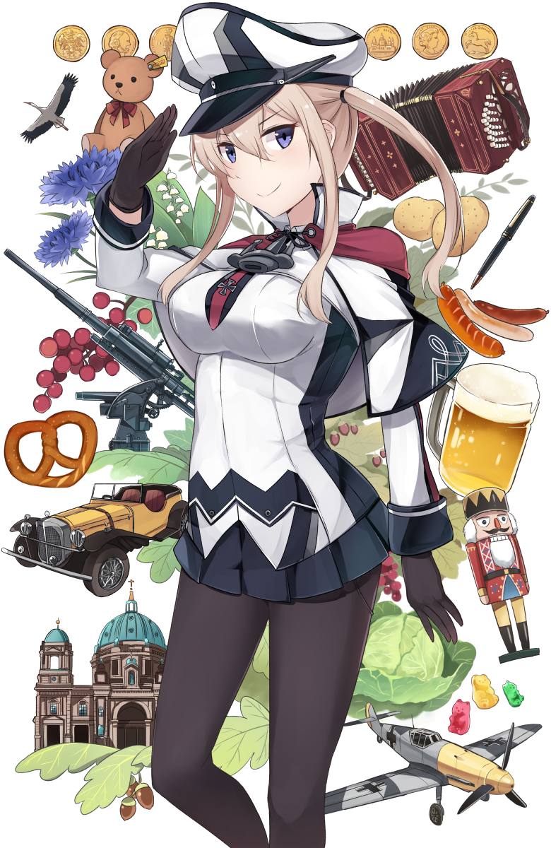 &gt;:) 88_flak aircraft airplane alcohol beer beer_mug berlin_cathedral_church bf_109 bird black_gloves black_legwear black_skirt blonde_hair blue_eyes breasts cabbage cannon capelet car church coin concertina flower food germany gloves graf_zeppelin_(kantai_collection) ground_vehicle gummy_bear hair_between_eyes hat highres ido_(teketeke) impossible_clothes instrument kantai_collection large_breasts long_hair long_sleeves looking_at_viewer military military_uniform motor_vehicle nutcracker pantyhose peaked_cap pleated_skirt potato pretzel salute sausage sidelocks skirt smile solo stuffed_animal stuffed_toy teddy_bear twintails uniform v-shaped_eyebrows white_background