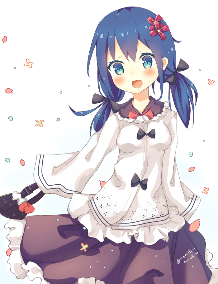 :d artist_name bag black_ribbon blue_eyes blue_hair blush bow breasts brown_skirt cowboy_shot dated eyebrows_visible_through_hair flower frilled_shirt frilled_skirt frills hair_between_eyes hair_flower hair_ornament hair_ribbon handbag holding holding_bag long_hair long_sleeves low_twintails medium_breasts mony open_mouth original petals red_bow ribbon shirt skirt sleeves_past_wrists smile solo twintails white_background white_shirt wide_sleeves