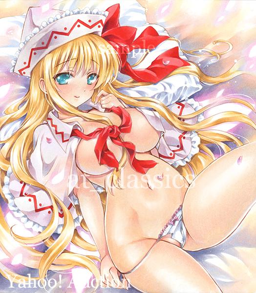 aqua_eyes artist_name at_classics bangs blonde_hair blush bow breasts capelet closed_mouth cowboy_shot eyebrows_visible_through_hair groin hat hat_bow large_breasts lily_white long_hair looking_at_viewer lying navel no_pants on_back panties panty_pull pillow pulled_by_self red_bow sample sidelocks skindentation solo touhou traditional_media underwear watermark white_panties