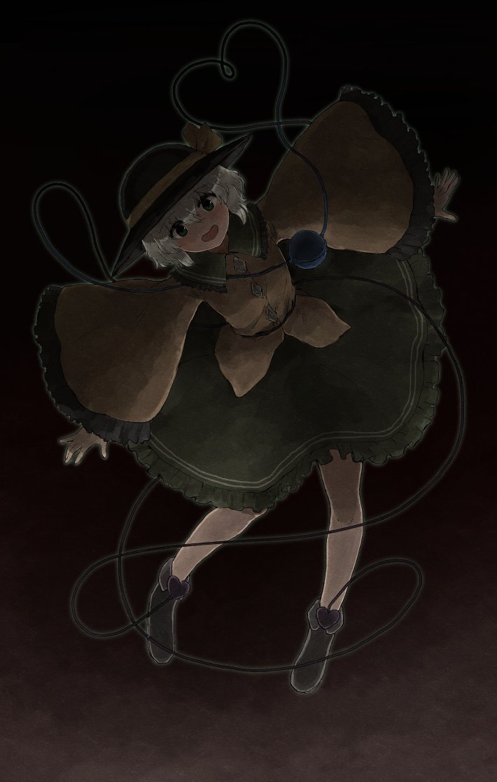 :d boots bow darkness frilled_skirt frilled_sleeves frills green_eyes green_hair hat hat_bow heart heart_of_string komeiji_koishi open_mouth outstretched_arms skirt smile solo tebukuro_withana third_eye touhou