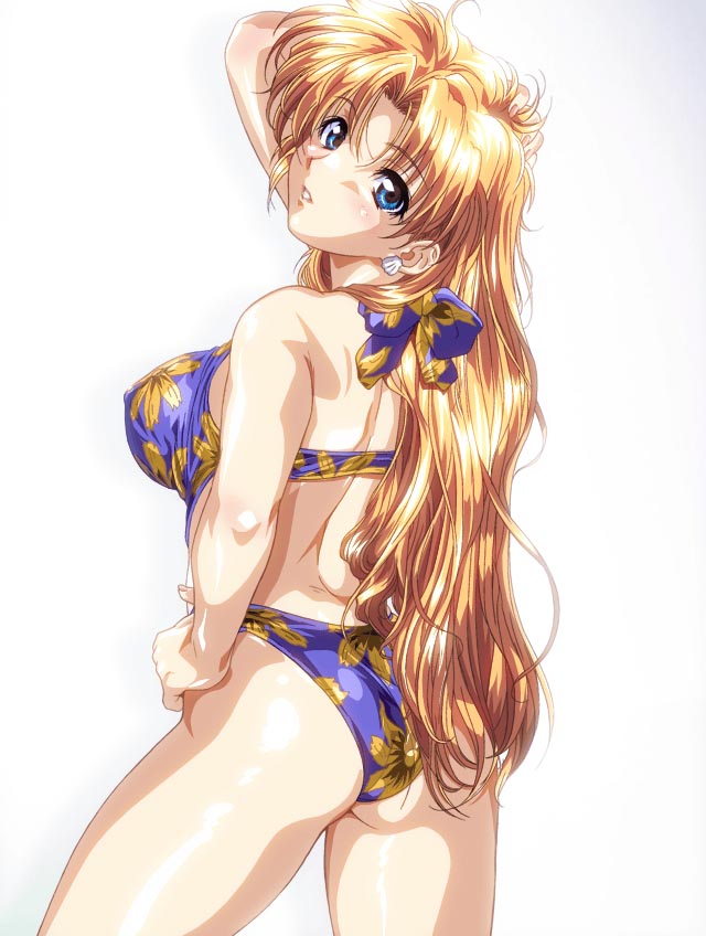 arm_up ass bikini blonde_hair blue_eyes cowboy_shot earrings floral_print from_behind hand_on_head hand_on_hip head_tilt jewelry long_hair looking_at_viewer lovers official_art parted_lips pose seashell_earrings shiny shiny_skin simple_background solo swimsuit toe_gojuu white_background yamamoto_noriko