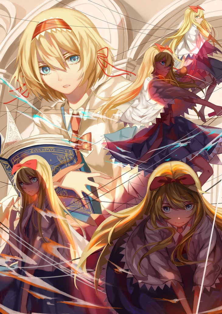 alice_margatroid blonde_hair blue_dress blue_eyes book bow capelet commentary_request dress hair_between_eyes hair_bow hairband lolita_hairband long_hair looking_at_viewer open_book parted_lips puppet_strings red_bow sash shanghai_doll short_hair solo touhou upper_body ze_xia