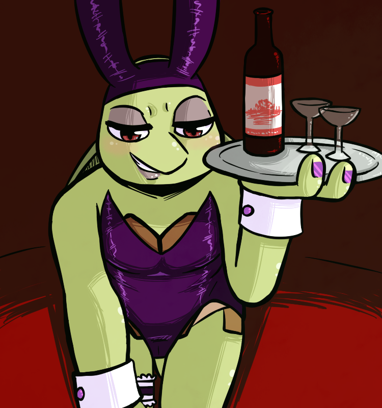 2017 anthro blush bottle bunny_costume clothed clothing colored_nails costume crossdressing donatello_(tmnt) eyeshadow fake_ears fake_rabbit_ears garter half-closed_eyes holding_object inkyfrog leaning leaning_forward lipstick makeup male martini_glass purple_nails red_eyes reptile scalie shell shirt_cuffs smile solo teenage_mutant_ninja_turtles tray turtle