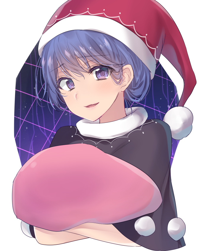 asa_(coco) bangs blue_hair blush capelet doremy_sweet eyebrows_visible_through_hair hat looking_at_viewer nightcap open_mouth pom_pom_(clothes) purple_eyes short_hair smile solo touhou upper_body