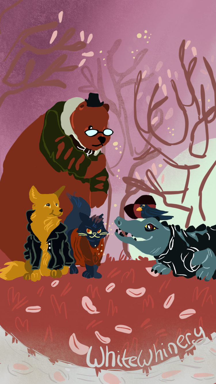 angus_(nitw) avian bea_(nitw) bear bird brown_fur canine cat clothed clothing eyewear fedora feline fox fur germ_(nitw) glasses gregg_(nitw) hat jacket leather leather_jacket mae_(nitw) mammal night_in_the_woods reptile scales scalie torn_clothing whitewinery_(artist)