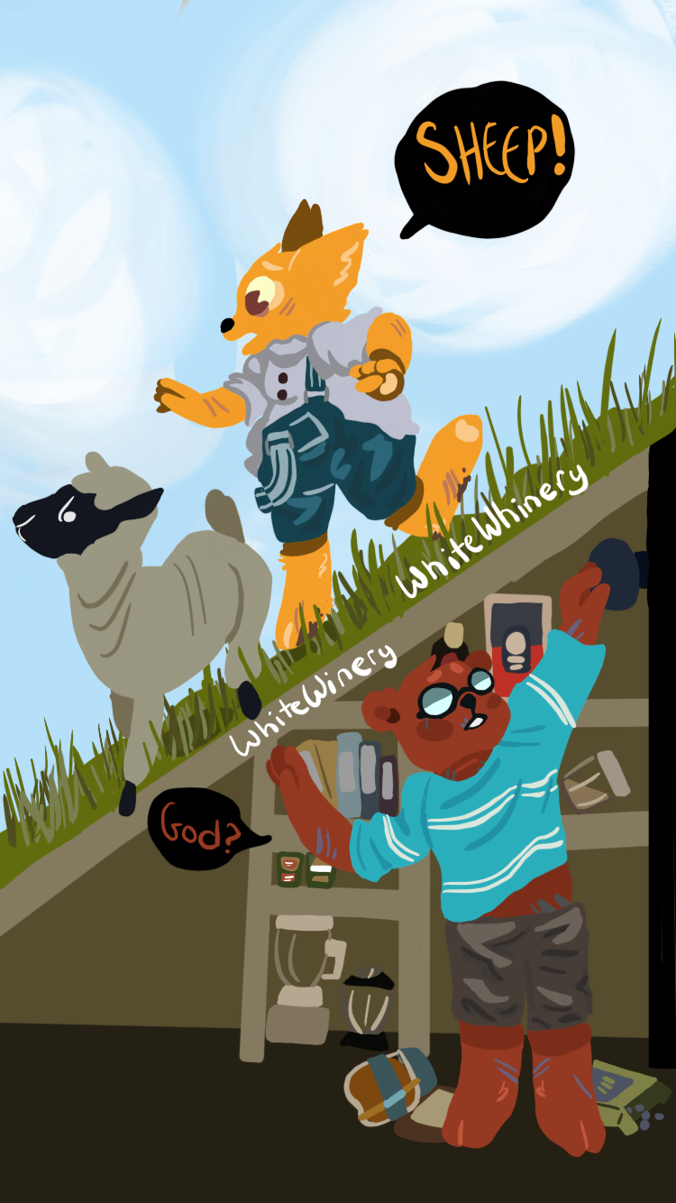 angus_(nitw) anthro bear blender_(disambiguation) canine caprine child clothed clothing cub dialogue fox grass gregg_(nitw) mammal night_in_the_woods overalls pantry sheep shirt shorts t-shirt text whitewinery_(artist) young