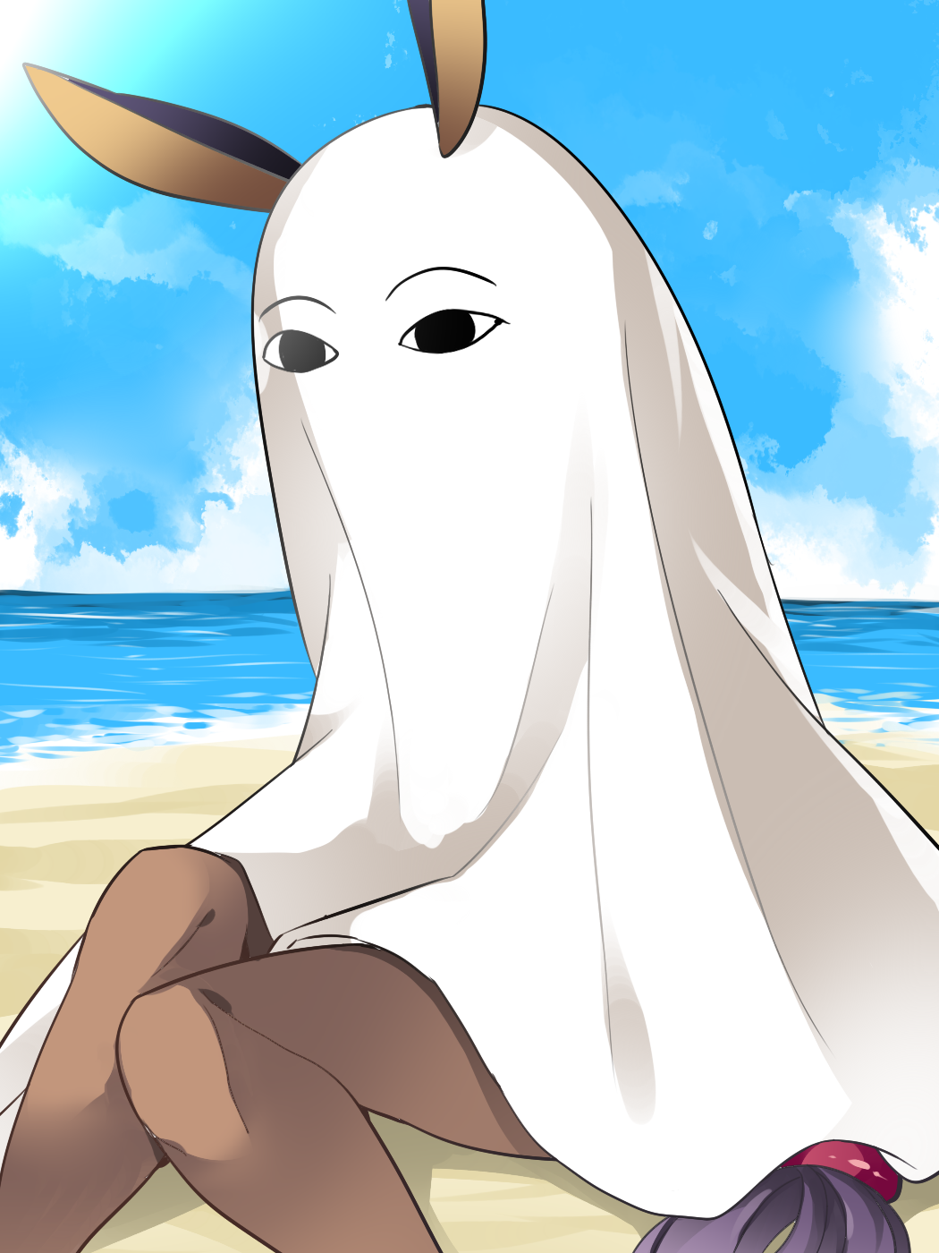 &lt;o&gt;_&lt;o&gt; bad_id bad_pixiv_id beach bed_sheet commentary_request cosplay dark_skin day fate/grand_order fate_(series) hammer_(sunset_beach) highres horizon knees_together_feet_apart legs long_hair low-tied_long_hair medjed medjed_(cosplay) nitocris_(fate/grand_order) nitocris_(swimsuit_assassin)_(fate) ocean purple_hair sitting solo very_long_hair