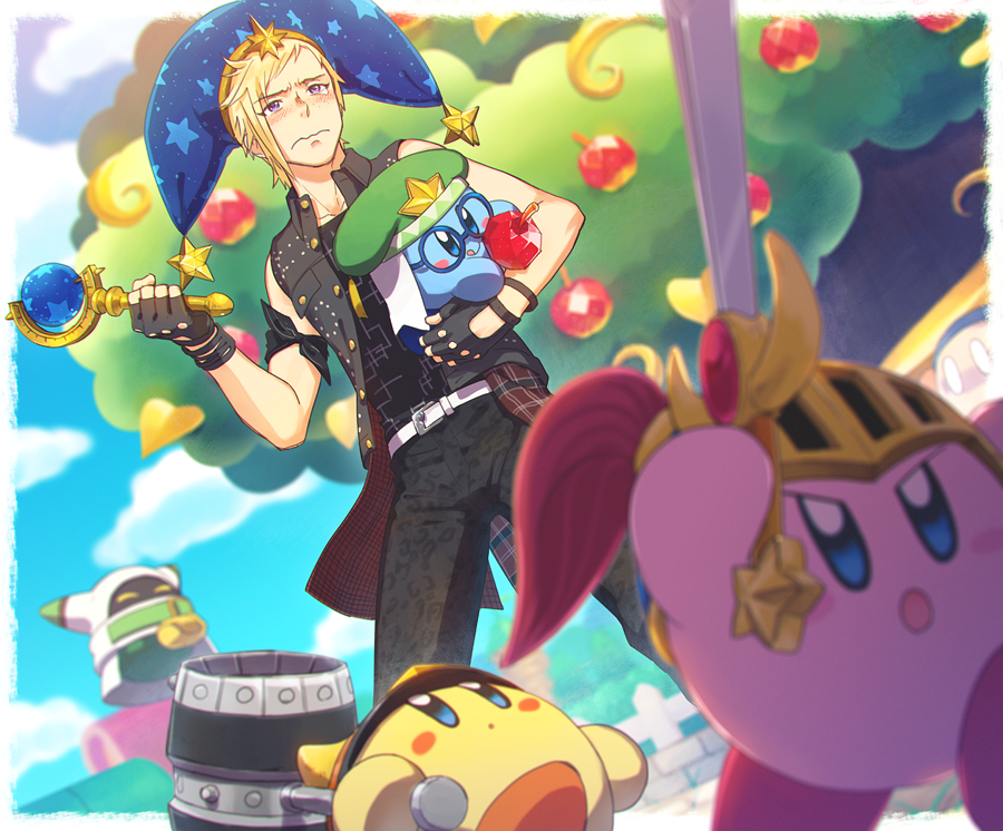 blonde_hair blue_eyes crossover final_fantasy final_fantasy_xv fingerless_gloves freckles gloves hat jacket kirby kirby_(series) long_hair magolor male_focus mishio multiple_boys prompto_argentum smile sword team_kirby_clash_deluxe weapon