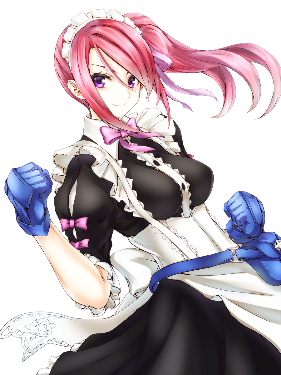 &gt;:) 7th_dragon_(series) 7th_dragon_iii bag bow bowtie breasts clenched_hands commentary gloves god-hand_(7th_dragon) highres long_hair looking_at_viewer maid maid_headdress medium_breasts pink_hair purple_eyes side_ponytail silve simple_background smile solo v-shaped_eyebrows white_background
