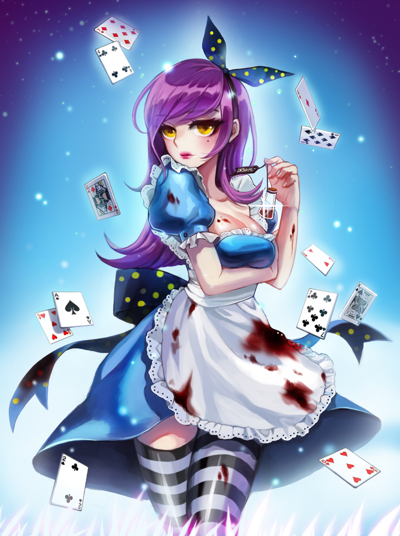 ace_of_diamonds ace_of_spades alice_(wonderland) alice_in_wonderland apron black_legwear blood blood_stain bloody_clothes blue_background blue_dress breast_hold breasts card cleavage dress drink_me_potion king_of_spades large_breasts lipstick long_hair maid_apron makeup mole mole_under_eye playing_card puffy_short_sleeves puffy_sleeves purple_hair queen_of_diamonds rrose short_sleeves standing striped striped_legwear thighhighs white_legwear yellow_eyes