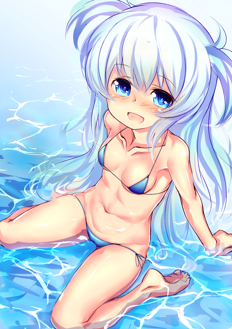 :d baikamo_(flower_knight_girl) bare_legs bikini blue_bikini blue_eyes blush breasts collarbone flower_knight_girl keikotsu long_hair looking_at_viewer open_mouth partially_submerged side-tie_bikini silver_hair sitting small_breasts smile solo swimsuit two_side_up wariza water
