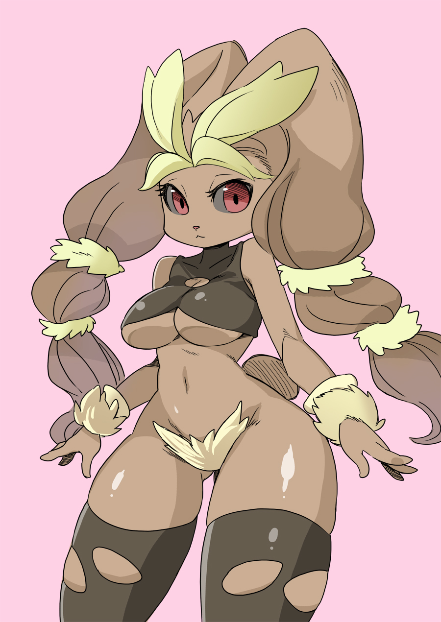 1girl bare_shoulders black_legwear black_sclera breasts cleavage collarbone furry half-closed_eyes large_breasts legs_apart looking_at_viewer lopunny mega_lopunny mega_pokemon navel no_humans pink_background pokemon pokemon_(creature) pokemon_dppt red_eyes shepherd0821 simple_background skindentation solo sports_bra standing thighhighs torn_clothes torn_thighhighs underboob