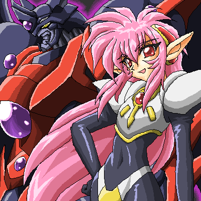 1girl 90s armor bodysuit breastplate breasts curvy dragon_(artist) female long_hair long_pointy_ears looking_at_viewer magic_knight_rayearth mecha nova_(rayearth) pink_hair pointy_ears smile