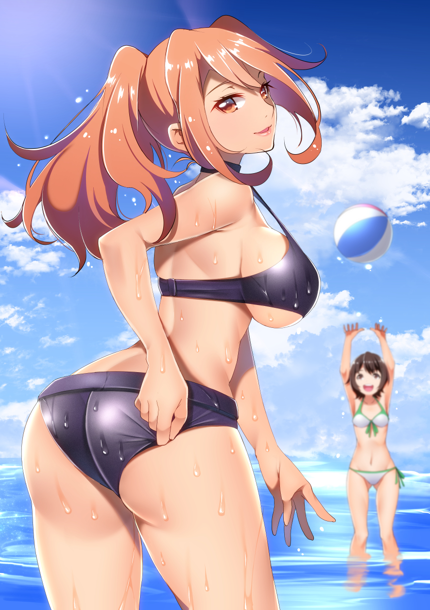 adjusting_clothes adjusting_swimsuit armpits arms_up ass ball bare_shoulders beachball bikini blue_sky breasts brown_hair cloud collarbone commentary_request day highres kippuru large_breasts lipstick long_hair looking_at_viewer looking_back makeup multiple_girls navel open_mouth orange_eyes orange_hair outdoors parted_lips ponytail short_hair sideboob sky smile swimsuit underboob water wet wet_clothes