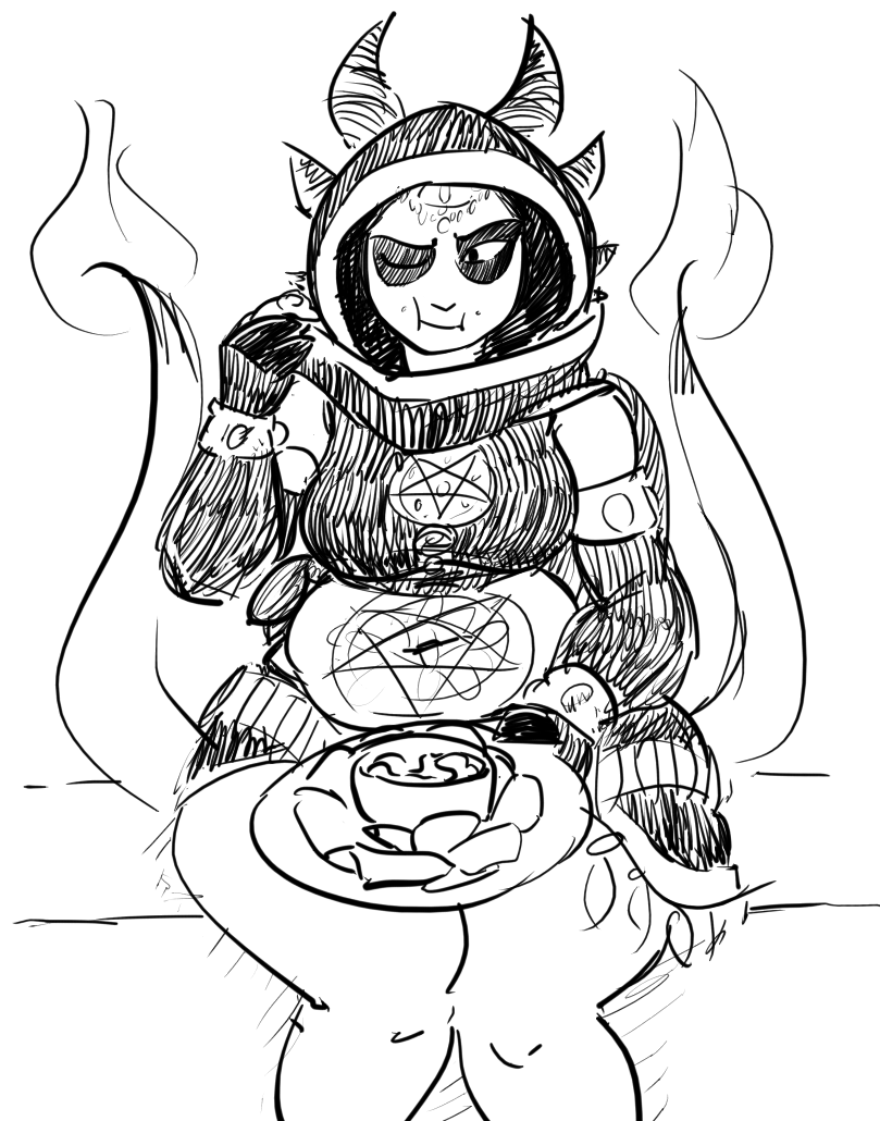 artbyyellowdog black_and_white breasts demon eating female food hood horn monochrome multi_tail one_eye_closed overweight overweight_female pentagram shay_(hladilnik) sitting solo