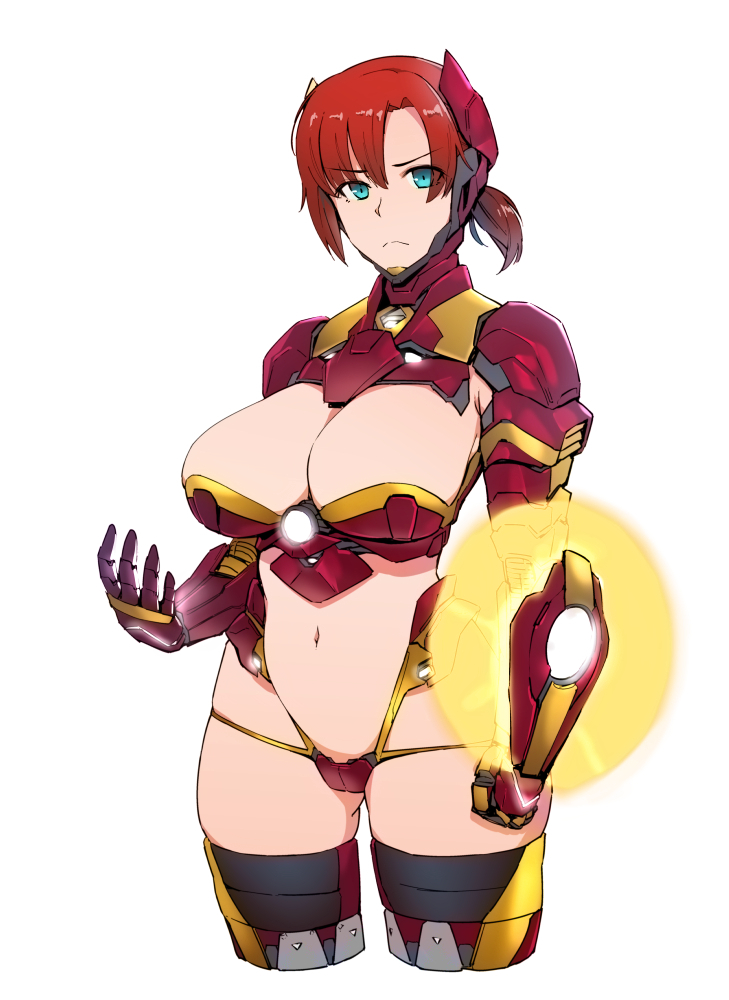 adapted_costume aqua_eyes ass_visible_through_thighs boudica_(fate/grand_order) breasts cleavage cleavage_cutout closed_mouth cosplay cowboy_shot cropped_legs eyebrows_visible_through_hair fate/grand_order fate_(series) frown gauntlets headgear huge_breasts iron_man iron_man_(cosplay) kurowa large_breasts looking_at_viewer marvel navel red_hair revealing_clothes shield short_ponytail shrug_(clothing) simple_background solo thighhighs white_background wide_hips