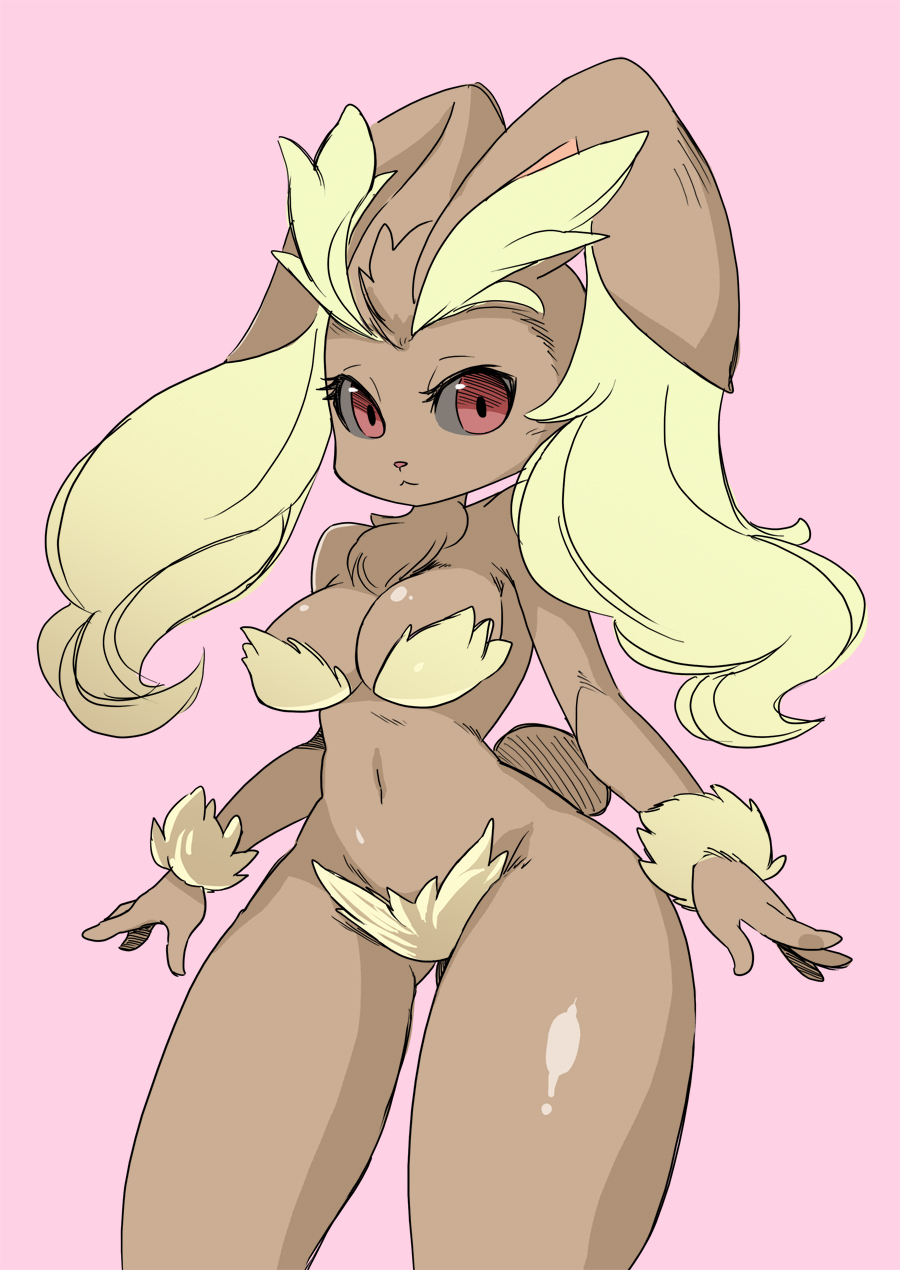 1girl black_sclera breasts furry half-closed_eyes large_breasts legs_apart looking_at_viewer lopunny navel no_humans pink_background pokemon pokemon_(creature) pokemon_dppt red_eyes shepherd0821 simple_background solo standing