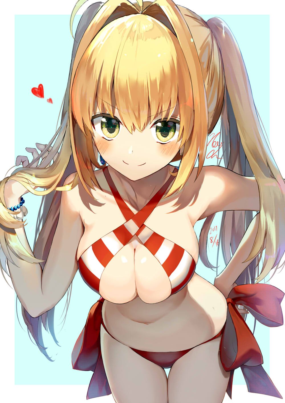 2017 ahoge bikini blonde_hair blue_background blush bracelet breasts cleavage closed_mouth criss-cross_halter dated earrings fate/grand_order fate_(series) green_eyes halterneck hand_on_hip heart highres jewelry kouyafu long_hair looking_at_viewer medium_breasts nero_claudius_(fate)_(all) nero_claudius_(swimsuit_caster)_(fate) side-tie_bikini signature smile solo standing striped striped_bikini swimsuit twintails