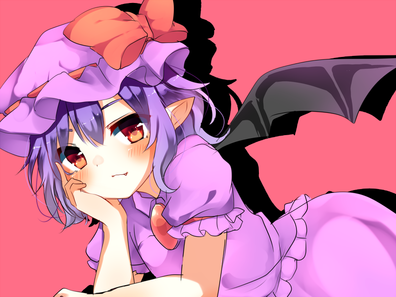 bangs bat_wings blush bow brooch brown_eyes closed_mouth fang_out hand_on_own_cheek hat hat_bow jewelry karasusou_nano looking_at_viewer mob_cap pink_background pink_hat pointy_ears purple_hair red_bow remilia_scarlet short_hair short_sleeves simple_background solo touhou wings