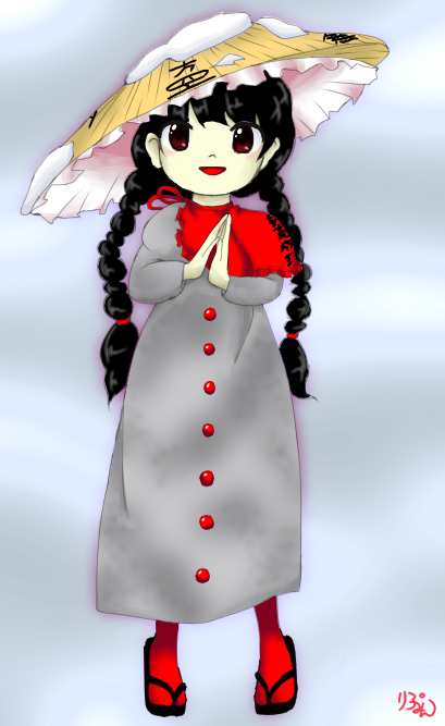 ajirogasa black_hair braid commentary_request dress earlobes grey_dress hat long_hair long_sleeves looking_at_viewer oota_jun'ya_(style) open_mouth red_eyes ribumin simple_background smile solo touhou twin_braids yatadera_narumi