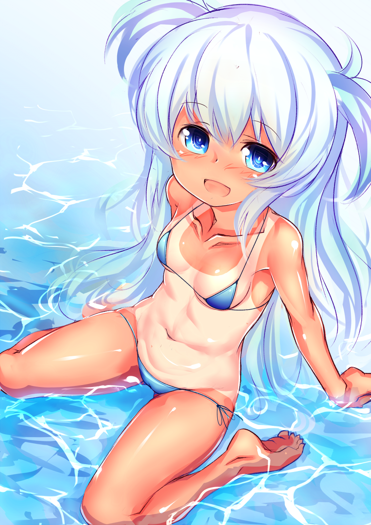 :d baikamo_(flower_knight_girl) bare_legs bikini blue_bikini blue_eyes blush breasts collarbone flower_knight_girl keikotsu long_hair looking_at_viewer one-piece_tan open_mouth partially_submerged side-tie_bikini silver_hair sitting small_breasts smile solo swimsuit tan tanline two_side_up wariza water
