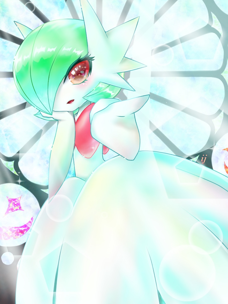 1girl arm_up artist_name blue_background blush foreshortening gardevoir green_hair hair_over_one_eye hand_up ij looking_at_viewer mega_gardevoir mega_pokemon no_humans open_mouth outstretched_arm pokemon pokemon_(creature) pokemon_rse red_eyes short_hair solo standing text window