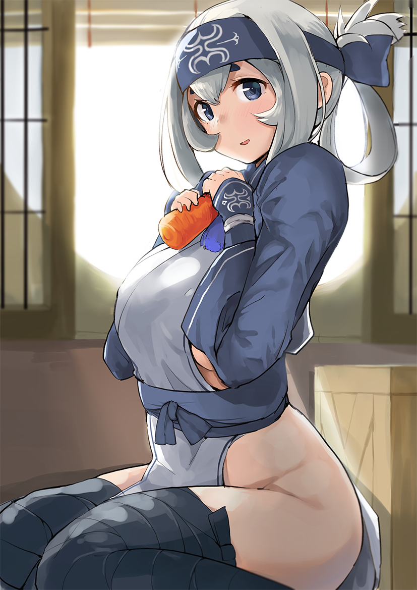ainu_clothes blue_eyes breasts carrot cropped_jacket folded_ponytail haru_(renol) headband huge_breasts kamoi_(kantai_collection) kantai_collection long_hair long_sleeves looking_at_viewer seiza sideboob sidelocks sitting solo thick_eyebrows thighhighs white_hair wrist_guards
